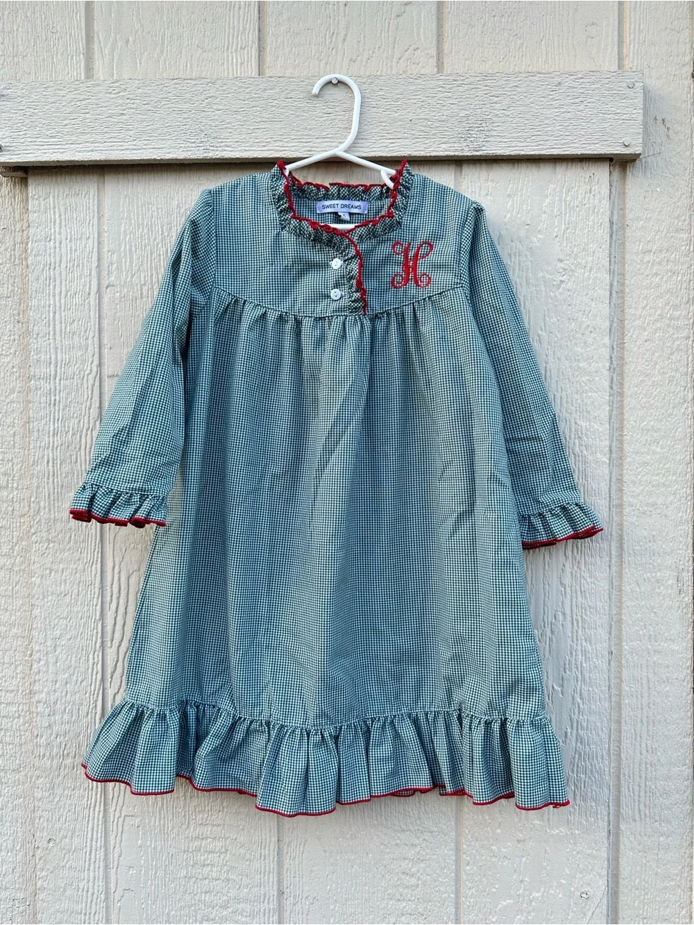 Sweet Dreams Green Gingham Nightgown with Red Trim and Monogram